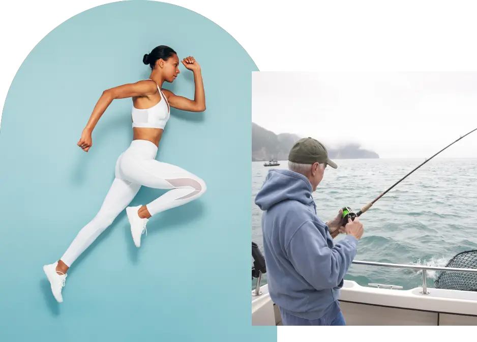 Group 1321314629 (1) A woman in athletic wear jumps against a blue background. A person in a hoodie fishes from a boat on a cloudy day.