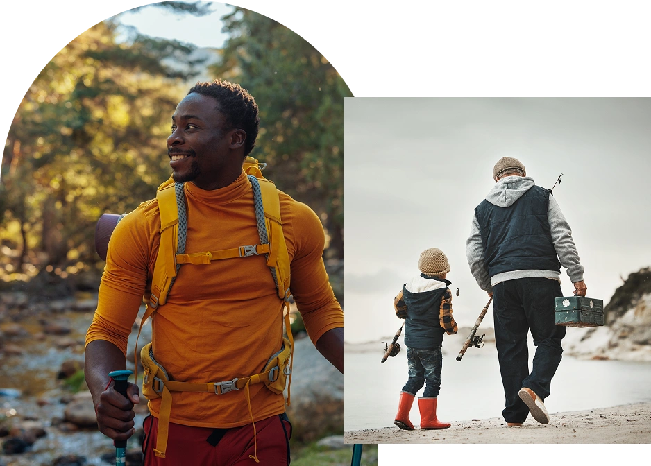 Group 1321314629 Left: A man with a yellow backpack hikes by a stream. Right: A man and a child with fishing rods walk on a beach, the child wearing red boots.