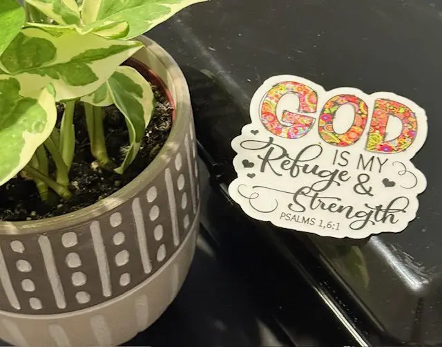 A plant and sticker with the words god is my refuge and strength