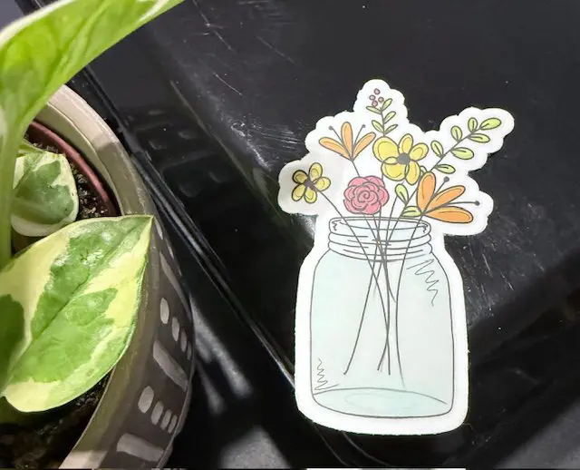 A mason jar with flowers in it next to a plant.