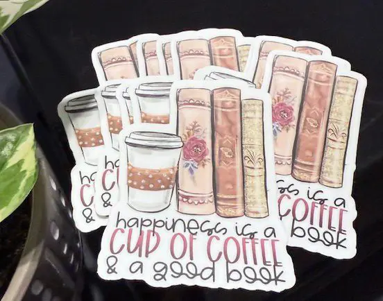 Stickers of coffee cups and books.