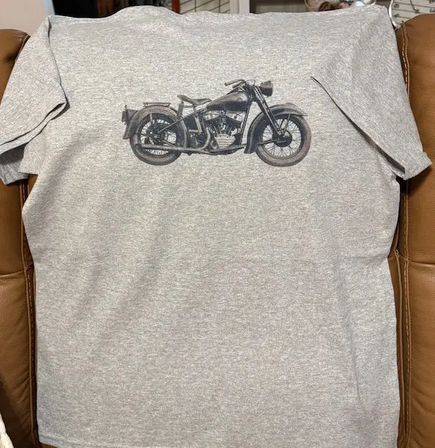 Gray T-shirt with vintage motorcycle design.