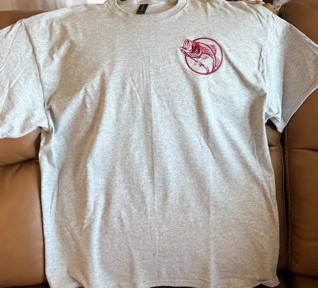 Gray t-shirt with red fish logo.