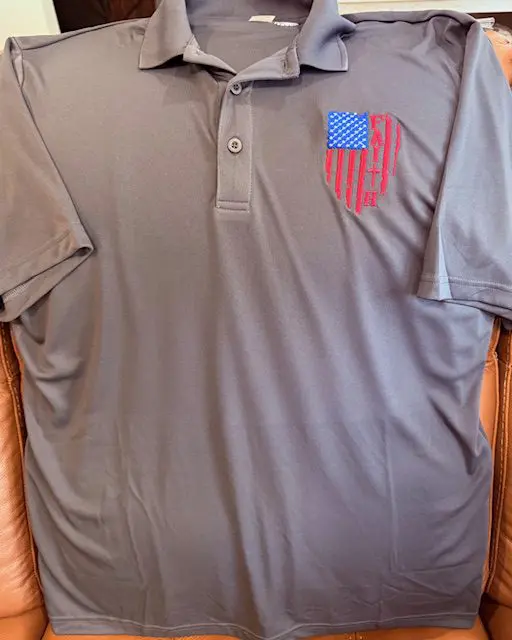 Gray polo shirt with American flag design.