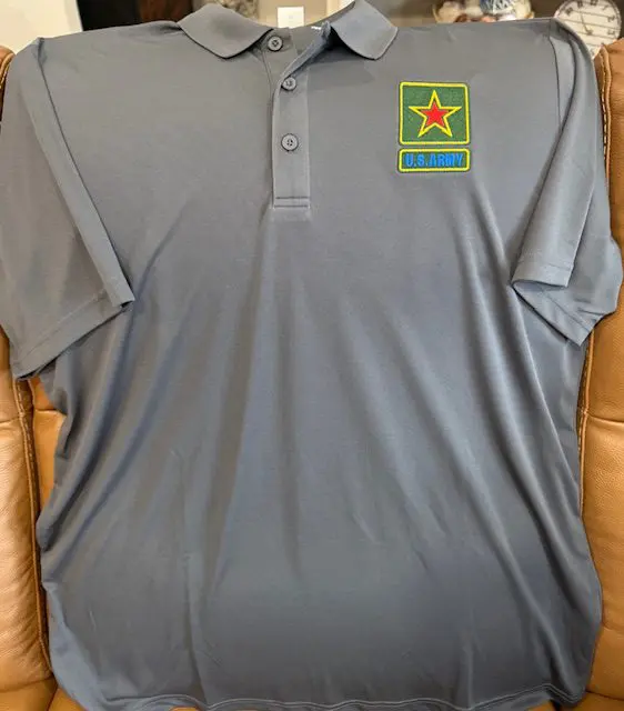 Gray polo shirt with US Army logo.