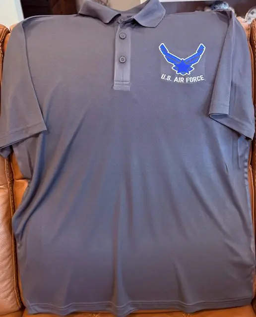 Gray U.S. Air Force polo shirt.