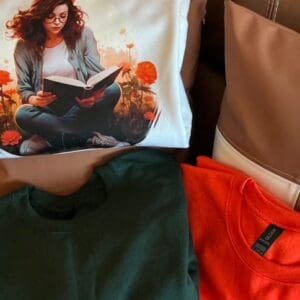 Folded shirts with printed and plain designs.