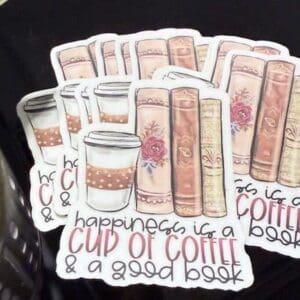 Stickers of coffee, books, and text.