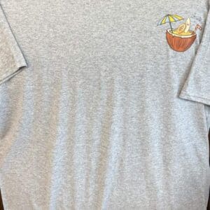 Gray t-shirt with coconut and umbrella design.