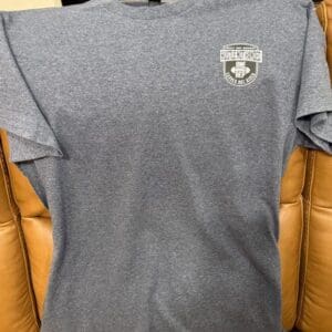 Gray T-shirt with printed chest design.