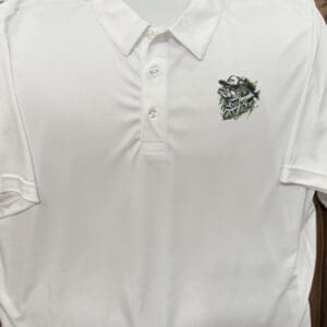 White polo shirt with embroidered logo design.