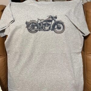 Gray T-shirt with vintage motorcycle design.