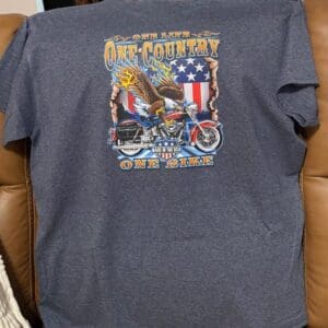 T-shirt with eagle and motorcycle design.
