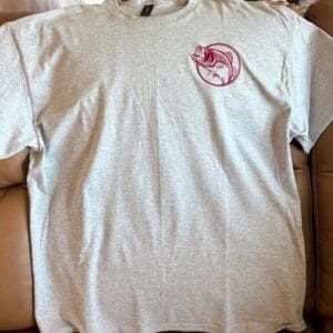 Gray t-shirt with fish logo design.