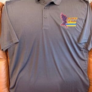 Gray polo shirt with embroidered eagle logo.