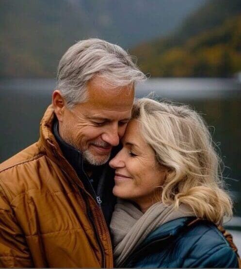 Older couple embracing by a serene lake.